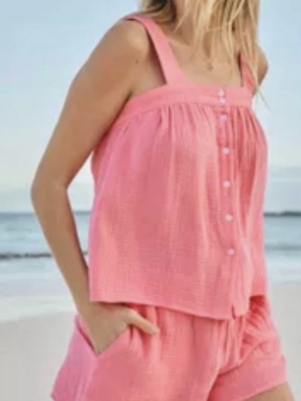 LAKE two-piece pj set, coral, Sleeveless Button-Front Cotton Top and shorts